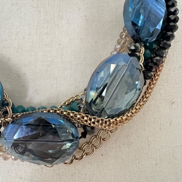 Jessica Simpson Blue Gold Chunky Multi Strands Glass Beads Statement Necklace - Picture 4 of 6